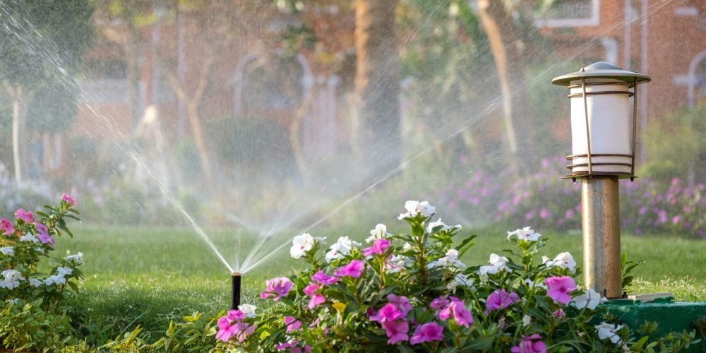 plastic sprinkler irrigating flower bed on grass l 2023 11 27 05 06 42 utc scaled