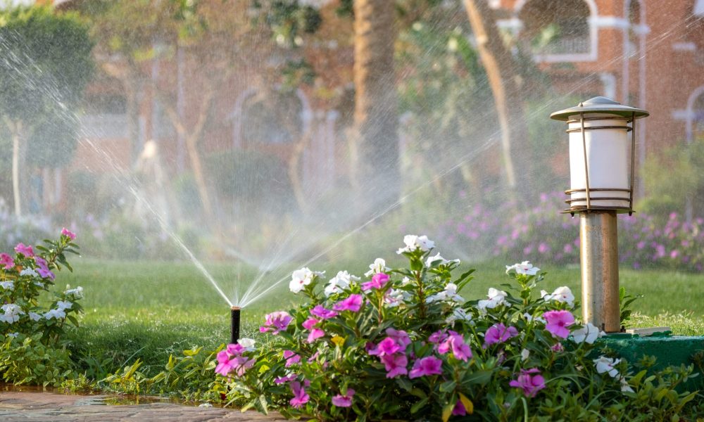 plastic sprinkler irrigating flower bed on grass l 2023 11 27 05 06 42 utc scaled